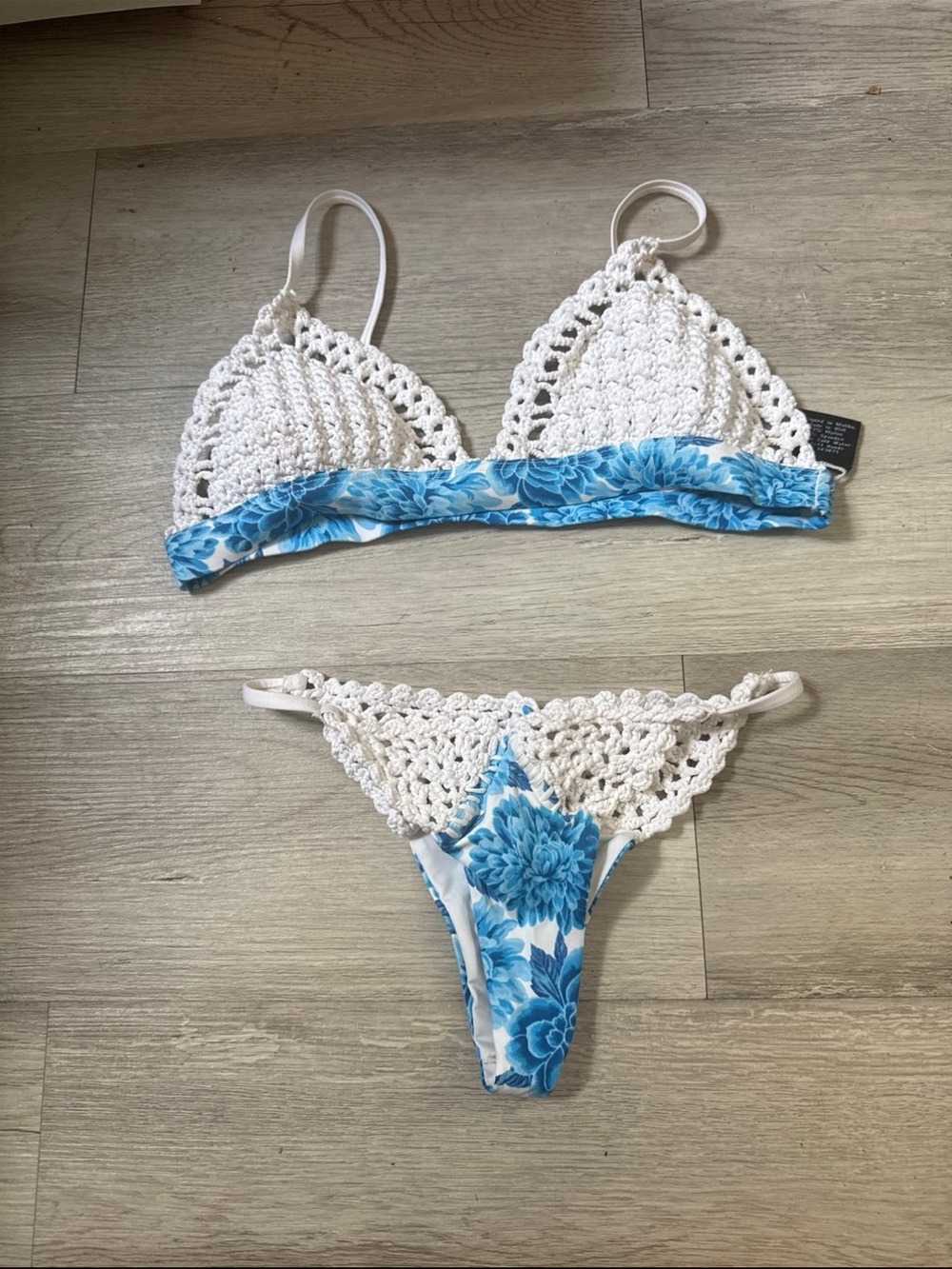 Frankie's Bikinis White Crochet & Blue Floral Two-Piece Bikini